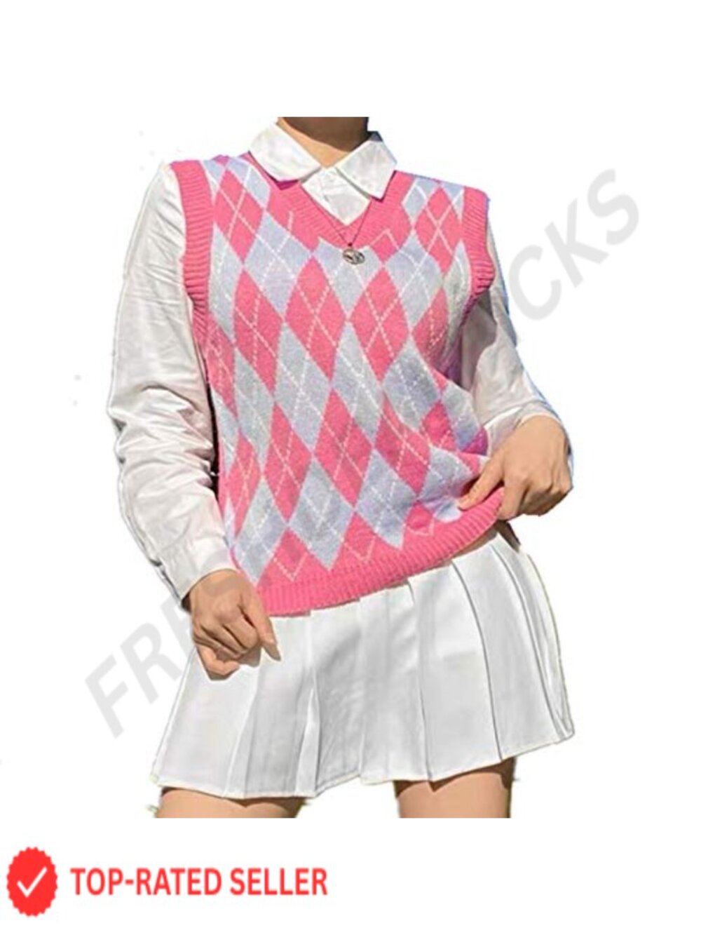 Hyipels Womens V Neck Argyle Plaid Sweater Vest Sleeveless Preppy Loose Knitted